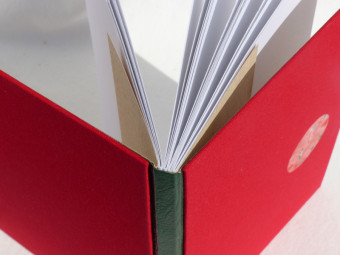 Carnet technique mixte, dos en cuir vert, plats en toile rouge, papier 180g